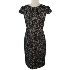 Talbots Black Lace Over Tan Nude Short Sleeve Dress Size 6